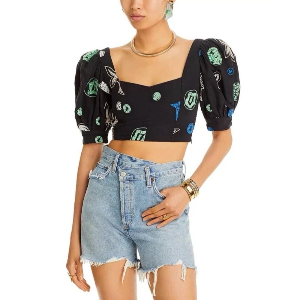 Rhode Women Size 12 Ara Puff Sleeve Linen Blend Crop Top Black Oceana Embroidery
